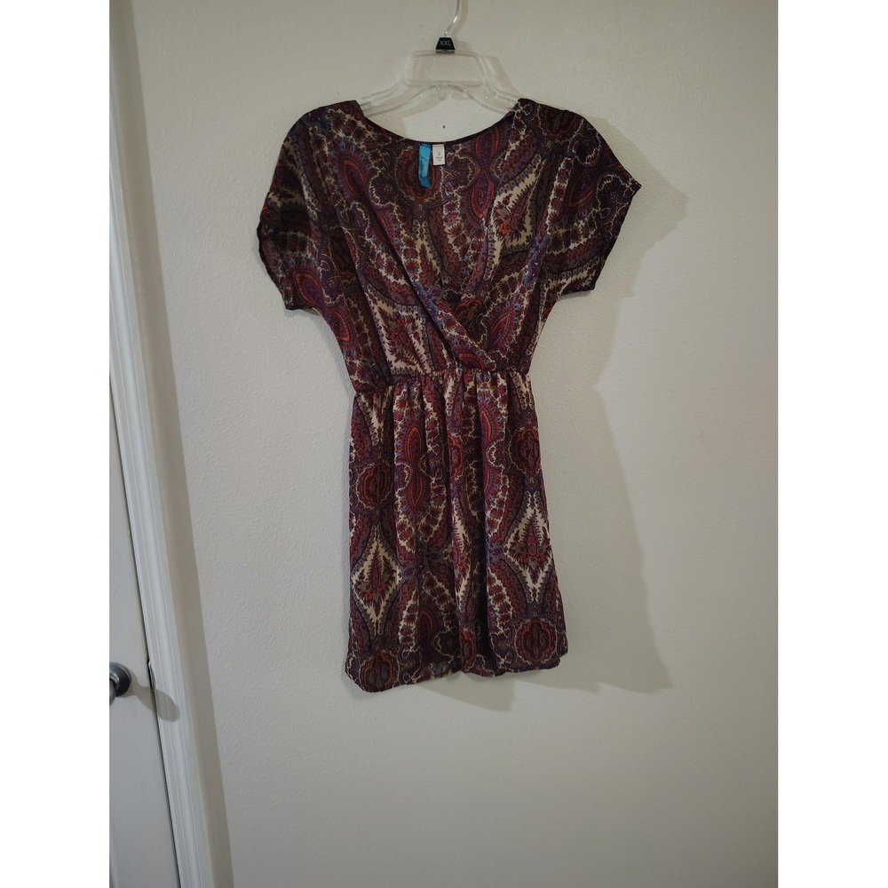 Buttons Paisley Mini Dress Surplice V-Neck Elastic Waist Boho Multi-Color Small